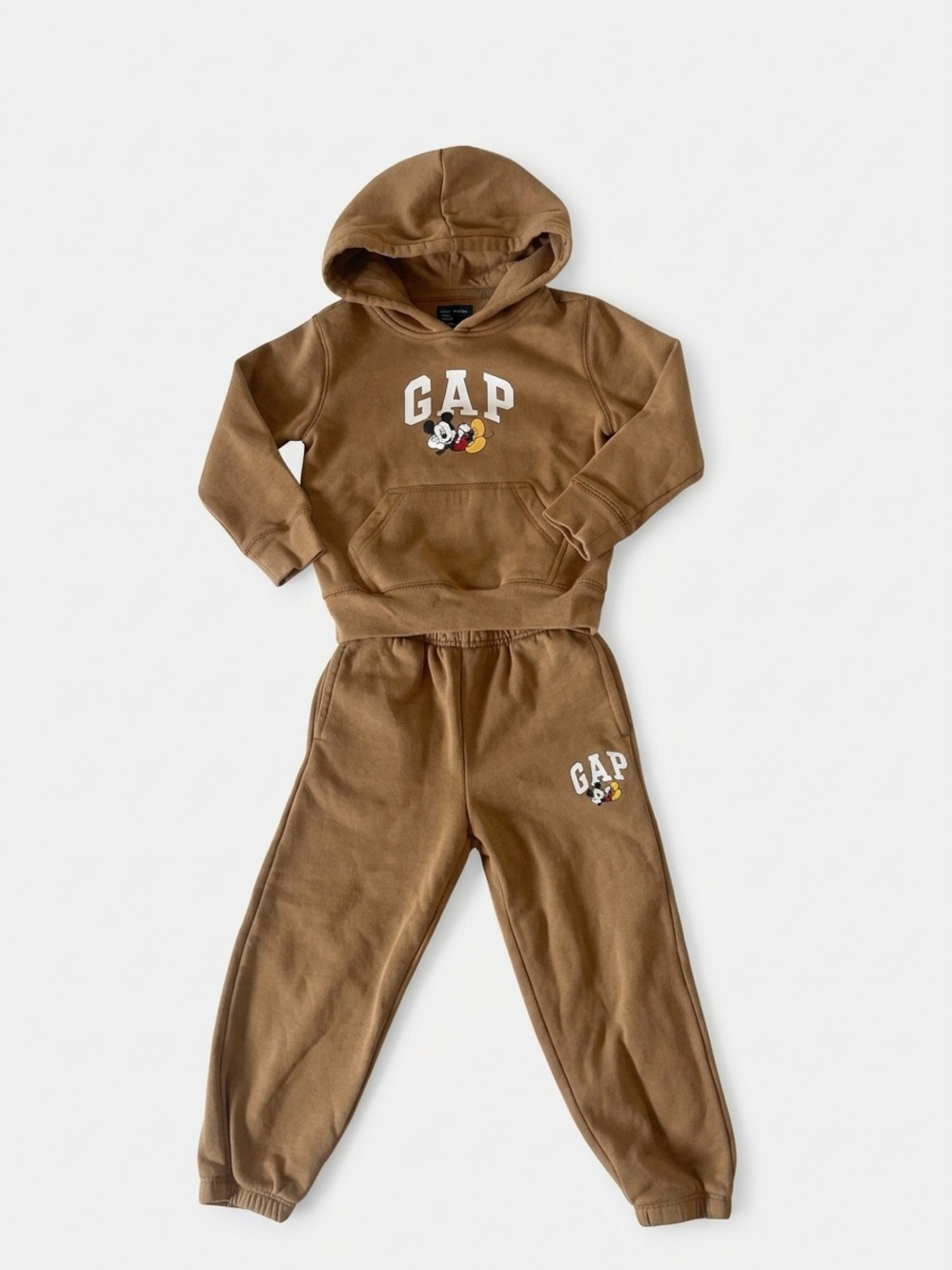 GAP x Disney Kids Mickey Mouse Hoodie & Joggers Sweatsuit Set Brown XS 4-5